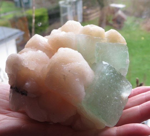 Mintgrüne Fluorapophyllit Würfel auf rosa Stilbit Bündeln. 645g, Jalgaon / Indien